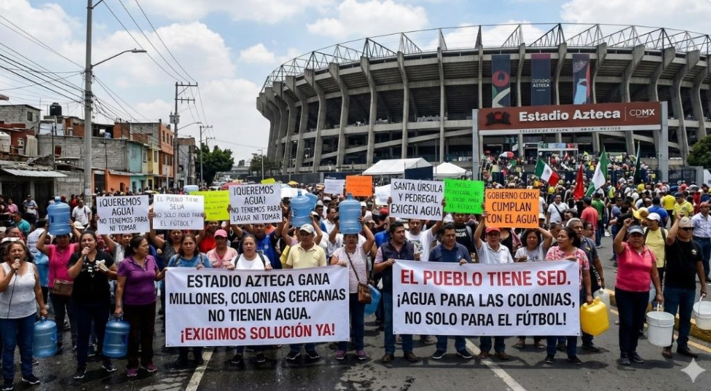 A los habitantes de la colonia Pedregal de Santa Úrsula, junto al estadio Azteca, no les han hecho justicia cuatro Mundiales de Futbol, ni los gobiernos del Partido Revolucionario Institucional, Partido de la Revolución Democrática, ni el Movimiento de Regeneración Nacional. Sus problemas de escasez de agua persisten. IMAGEN: Recreación de protestas en el Estadio Azteca con inteligencia artificial de Gemini